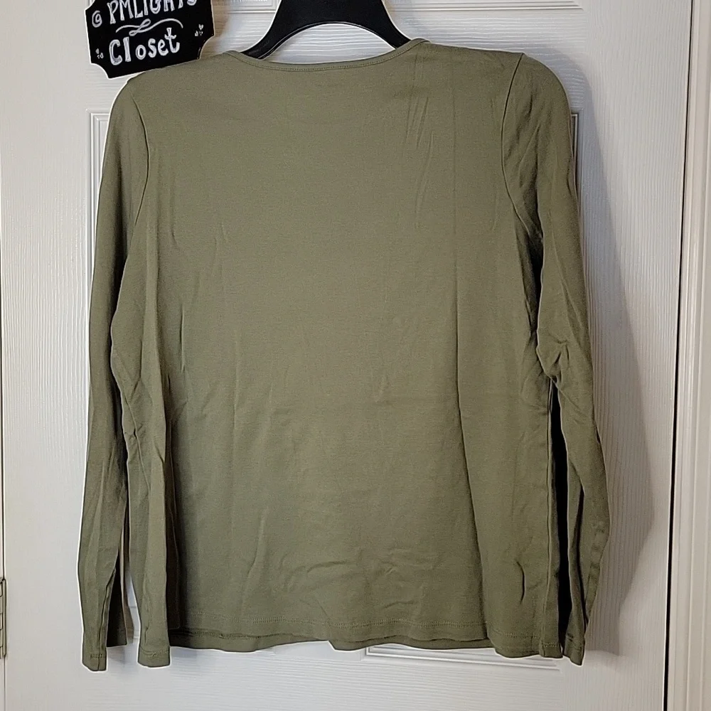 Kim Rogers XL Blouse Olive Green Floral Pink White Black Long Sleeve